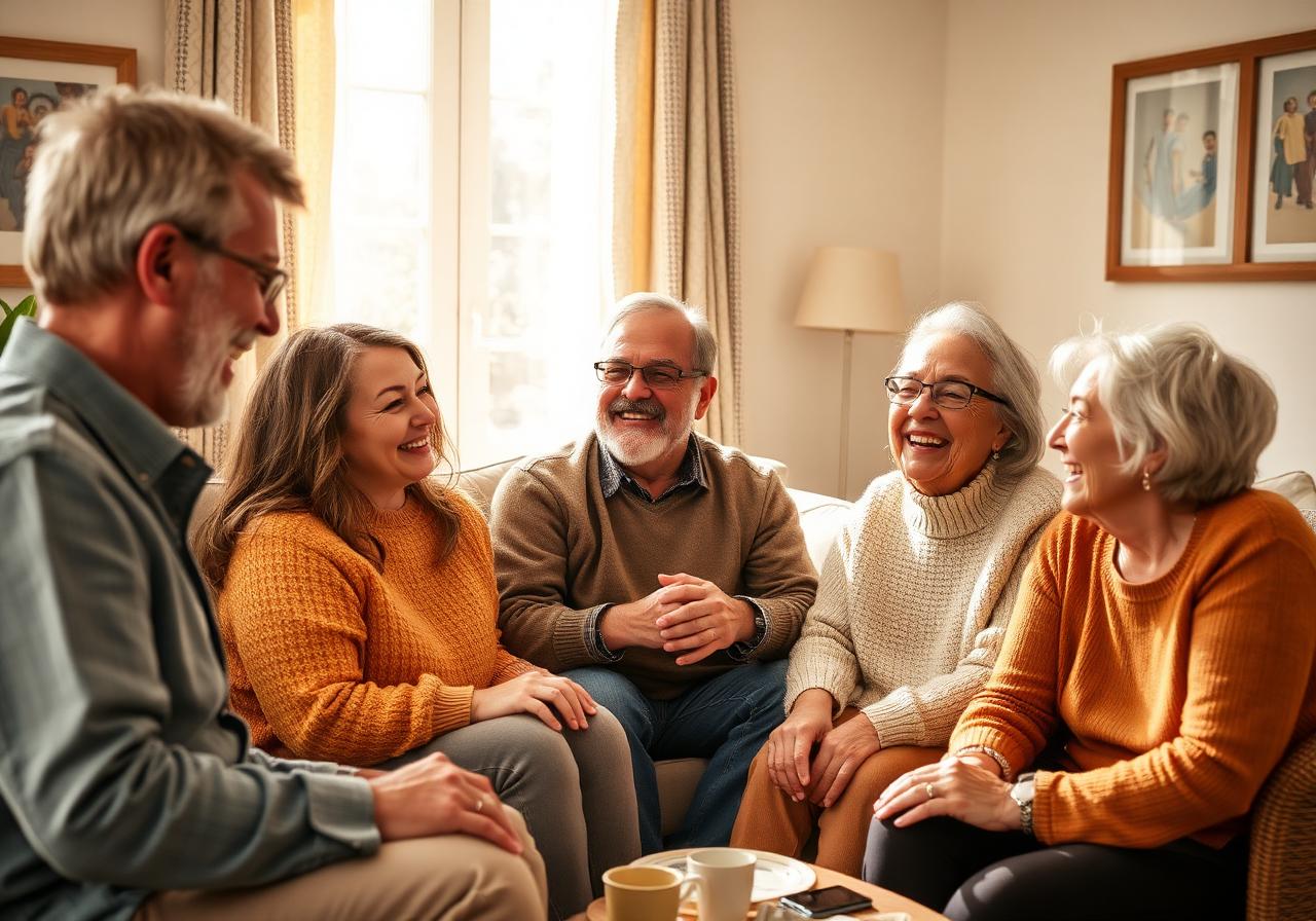 A small group of people laughing together in a welcoming home
